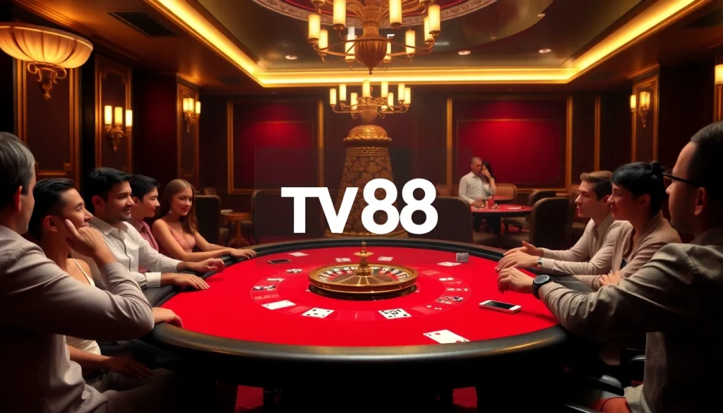 Players engaging in exciting poker actions at a luxurious casino with TV88 branding.