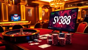 Exciting online gambling interface at sv388, featuring poker chips and a roulette wheel.
