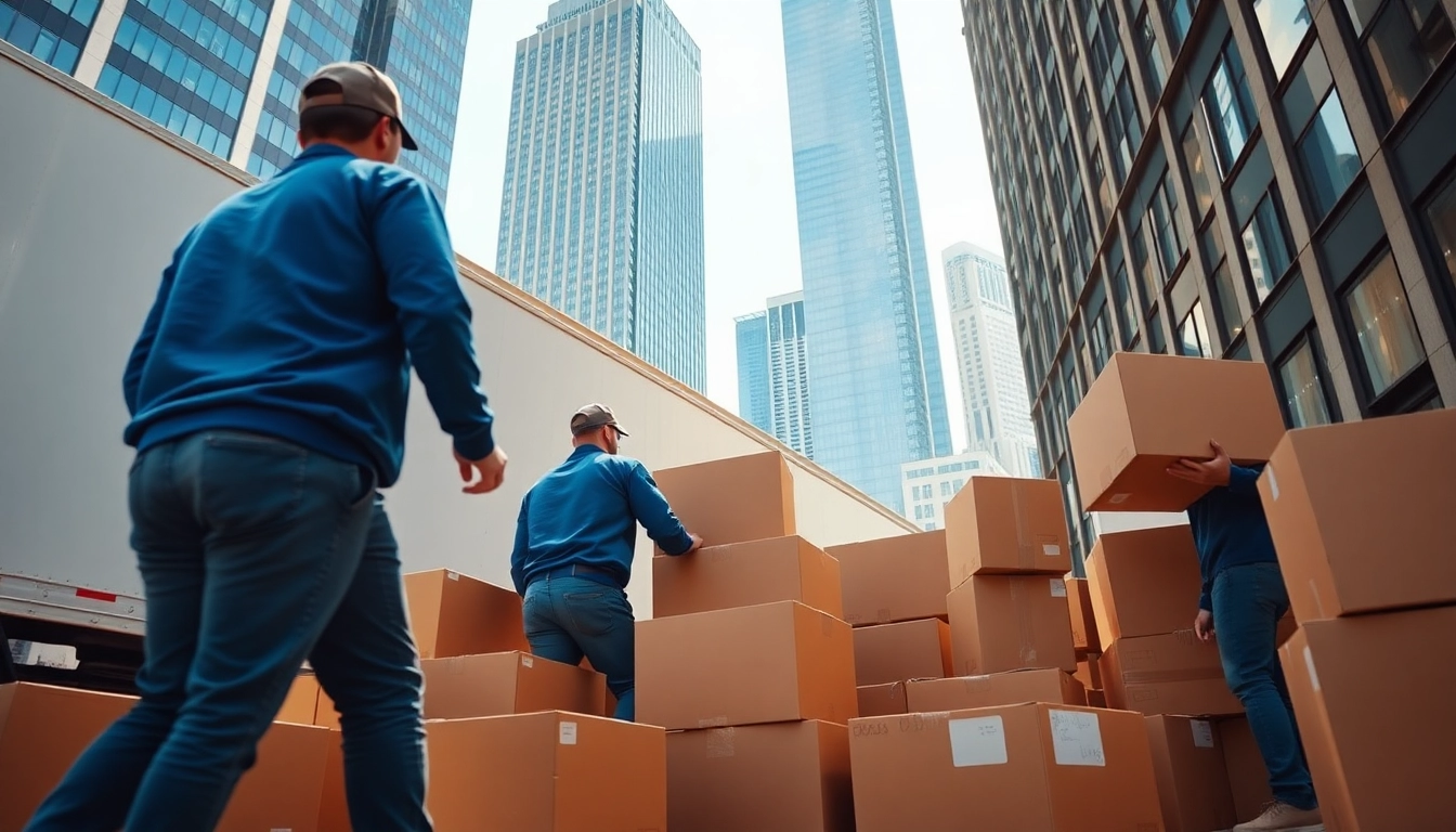 Efficient provincial moving team organizing boxes in an urban setting.