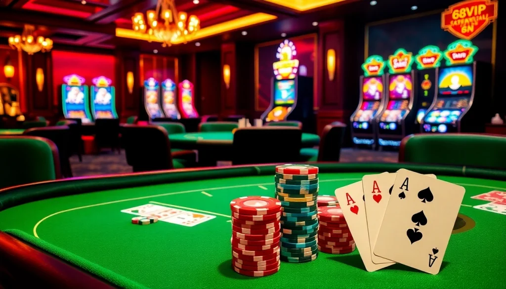 Experience thrilling gameplay at 68VIP with vibrant casino tables and colorful poker chips.