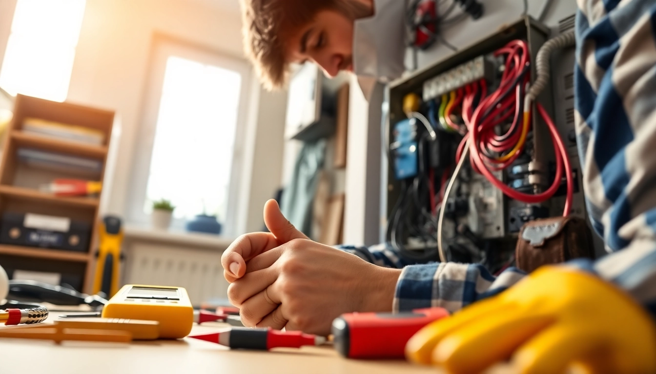 Electrician conducting electrical maintenance on a circuit panel with tools and safety equipment.