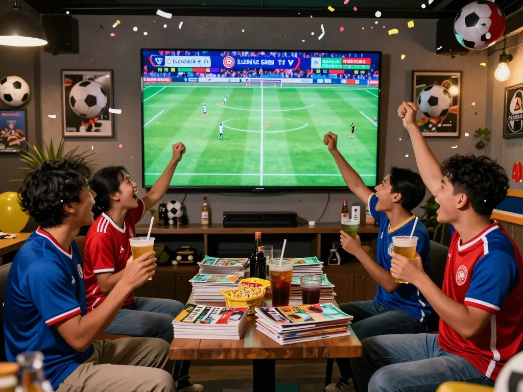Excited fans enjoying a live soccer match on lương sơn tv, celebrating goals in a vibrant atmosphere.