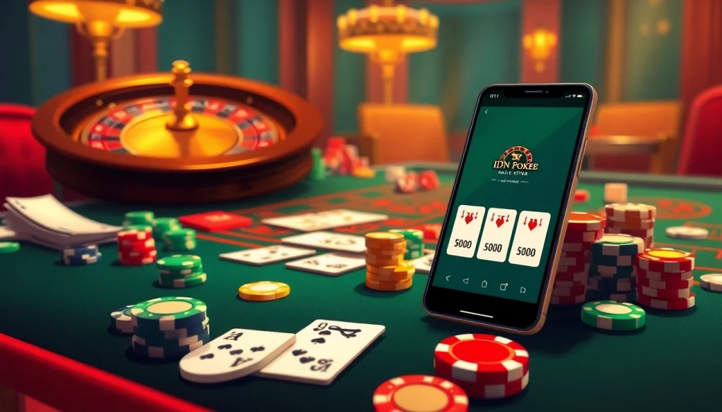 Experience the excitement of IDN Poker with vibrant chips and cards on a dynamic casino table.