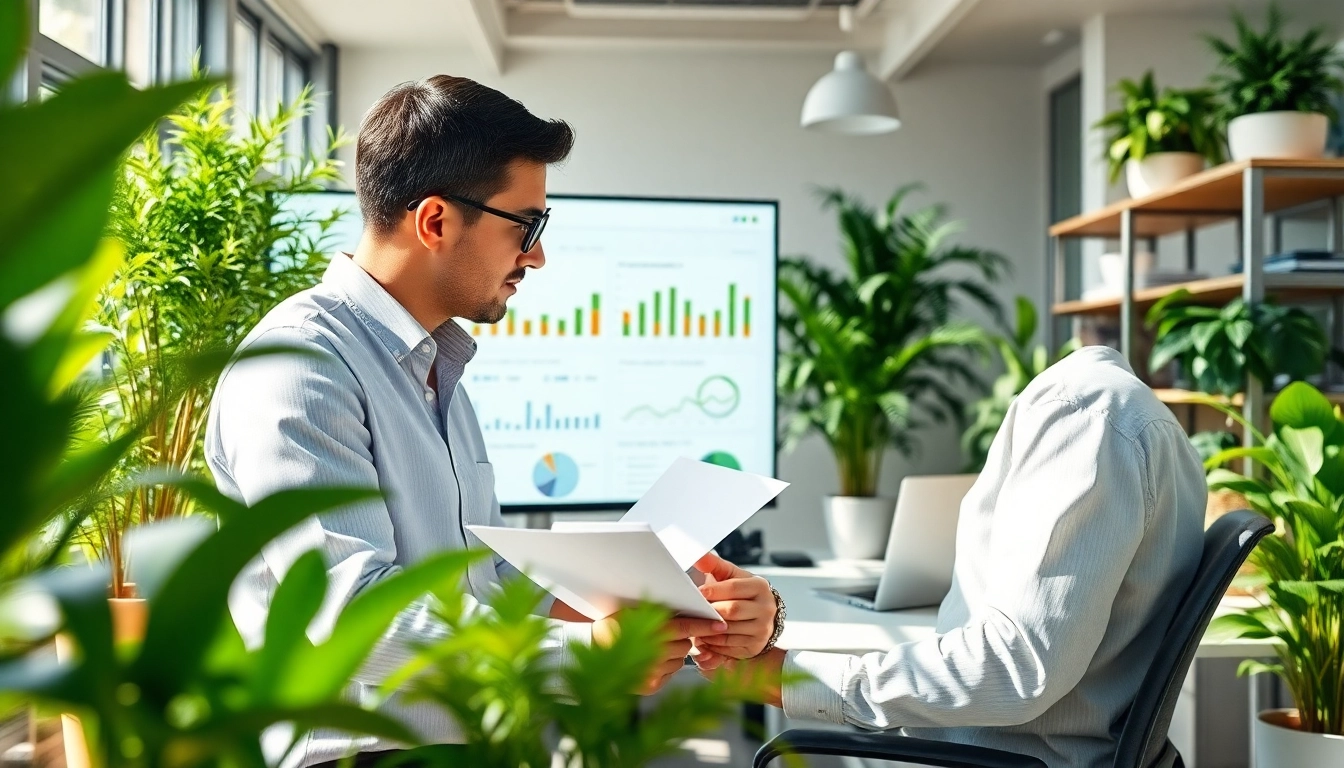 CYB Environmental consultant analyzing eco-data in a bright office setting with green plants.