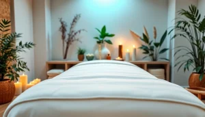 편안한 분위기, 에센셜 오일, 매력적인 장식이 있는 스웨디시 마사지 환경.