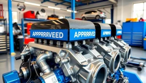 Showcasing Approved Engines in a vibrant automotive garage with modern tools.