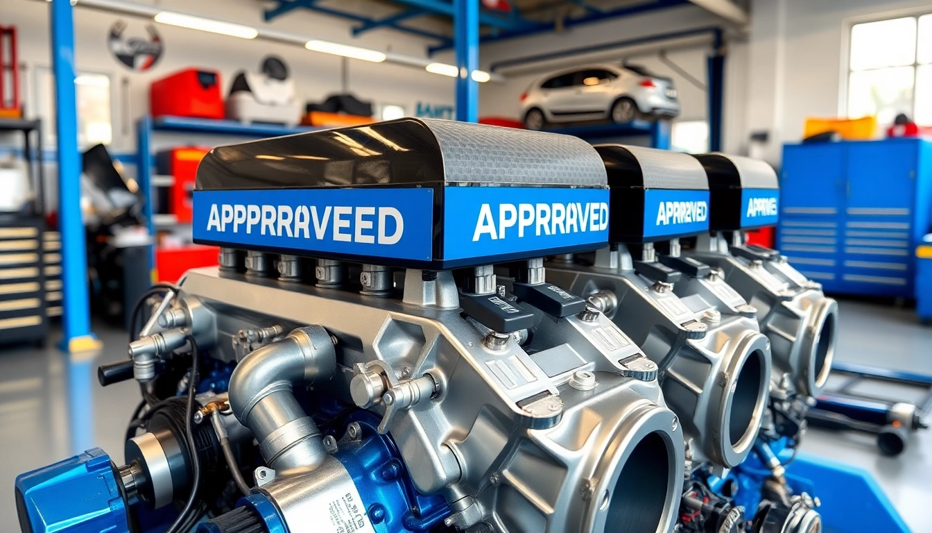 Showcasing Approved Engines in a vibrant automotive garage with modern tools.