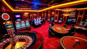 Excited players enjoying luxury casino games at 28BET with roulette wheel and slot machines.