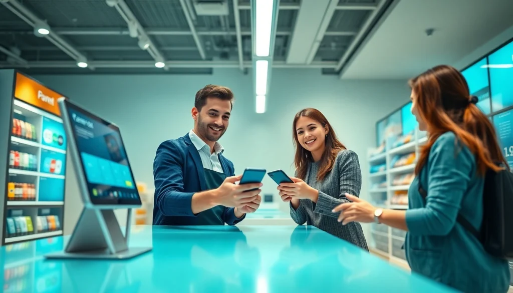 現代の小売レジでのキャッシュレス決済デモ。積極的な顧客と親しみやすいレジ係が、決済イノベーションを紹介している場面。