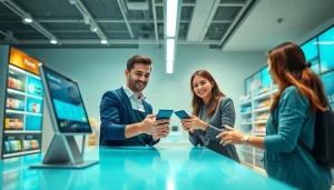 現代の小売レジでのキャッシュレス決済デモ。積極的な顧客と親しみやすいレジ係が、決済イノベーションを紹介している場面。