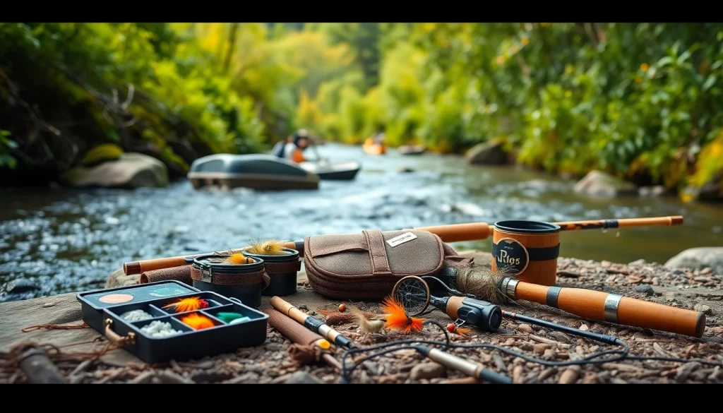 Explore unique fly fishing gifts arranged next to fishing gear in a tranquil outdoor setting