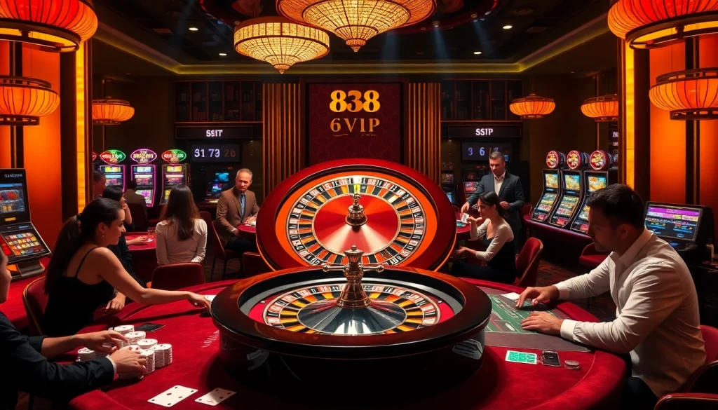 Exciting gambling atmosphere at 68VIP with casino tables, roulette wheel, and vibrant slot machines.