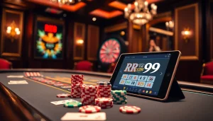 Experience excitement at the RR99 casino gaming tables with poker chips and roulette.
