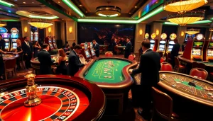 Engaging casino atmosphere at F168 with players at roulette and poker tables.