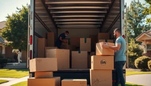 Efficient provincial moving team packing boxes into a truck in a sunny suburban setting.