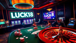 LUCK8 casino scene with vibrant gaming tables, spinning roulette, and engaging players.