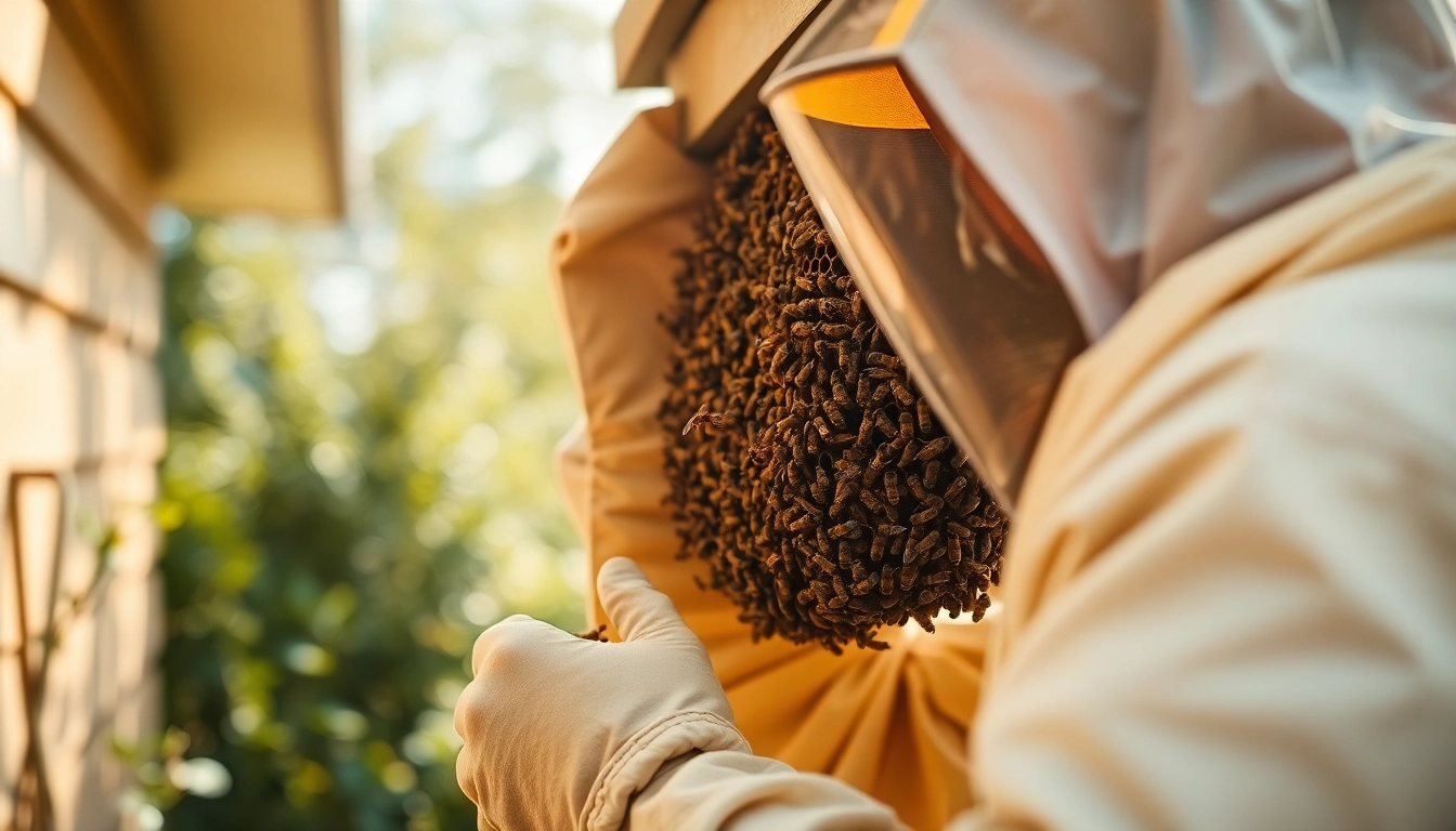 Safe honey bee hive removal by a professional technician in protective gear.