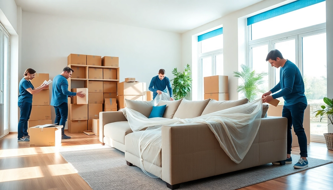 House removal companies team packing efficiently in a warm living room setting.