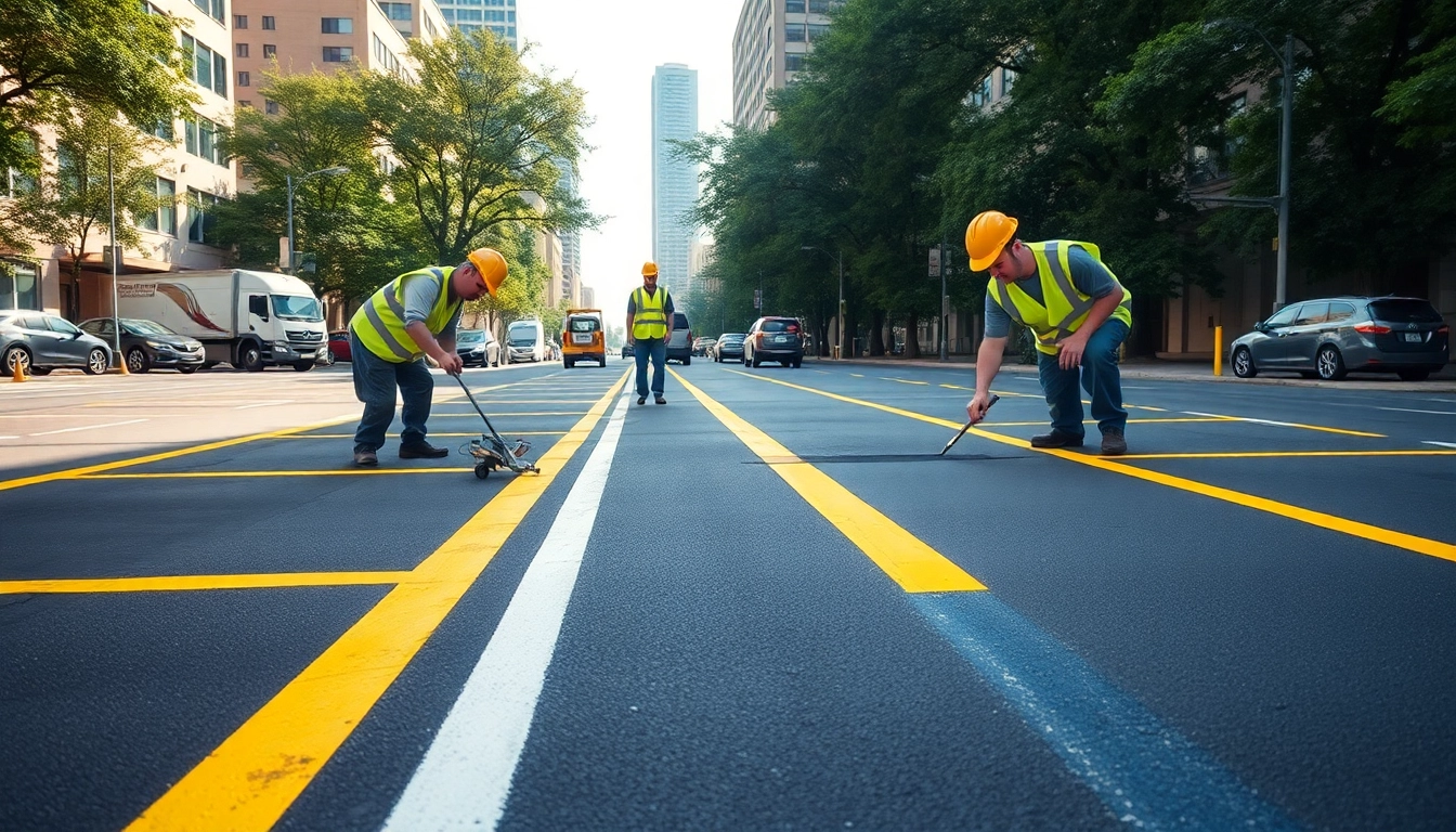 Pavement marking Jackson MS with professional crew applying fresh markings on asphalt.