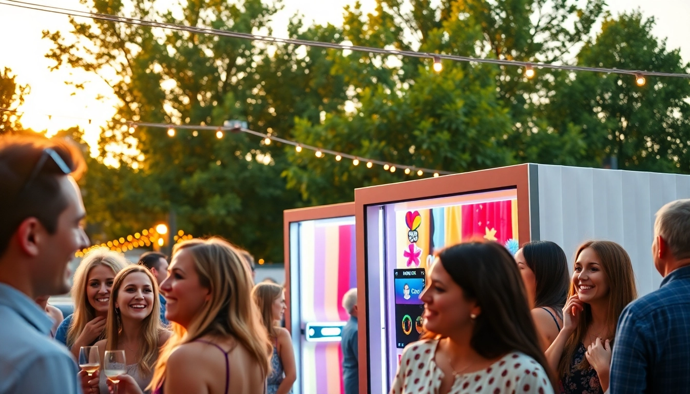 Engaging guests at a photo booth rental, featuring props and vibrant moods during an event.