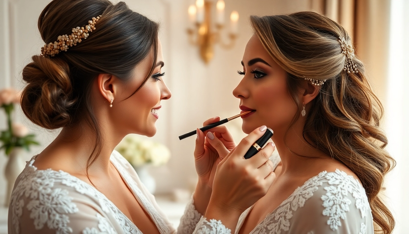 Wedding makeup artist skillfully enhancing a bride's beauty with elegant makeup application.