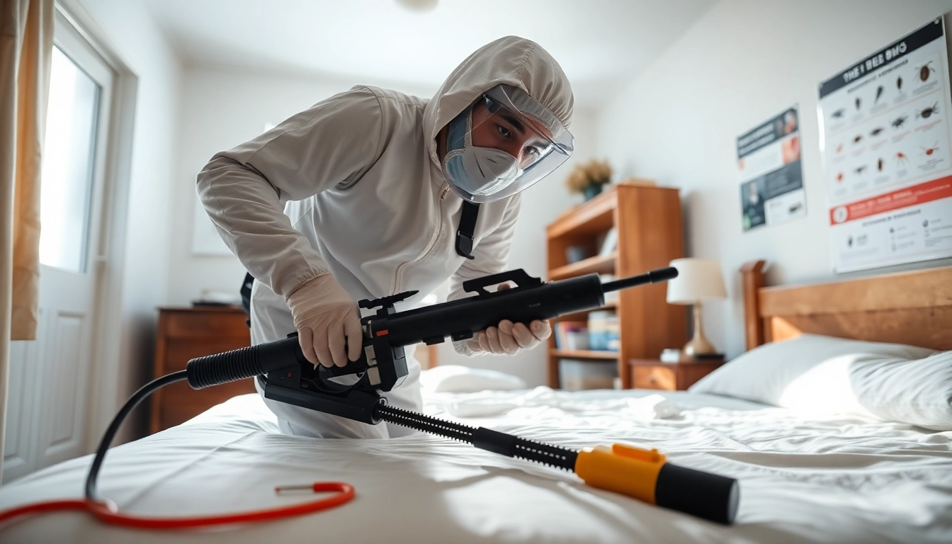 Bed bug exterminator demonstrating treatment in a clean bedroom, ensuring safety and professionalism.