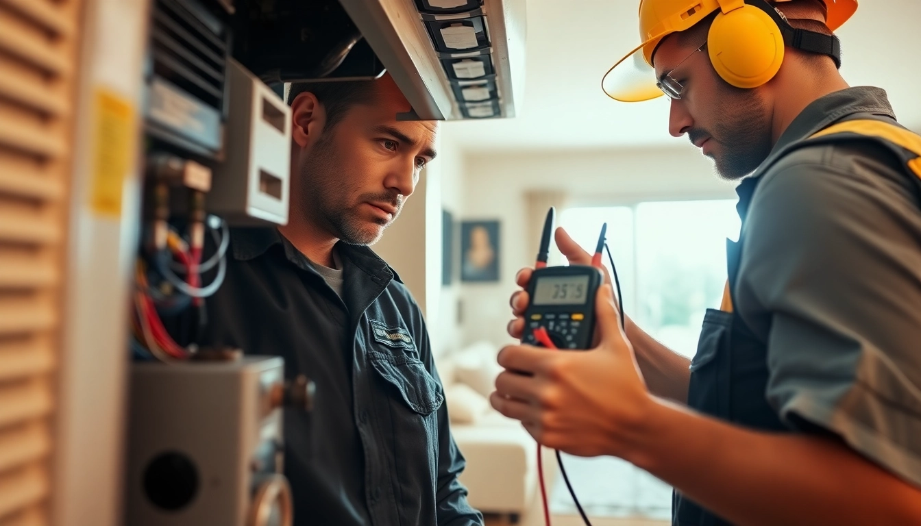 HVAC Repair Tampa technician fixing air conditioning in a bright living room.