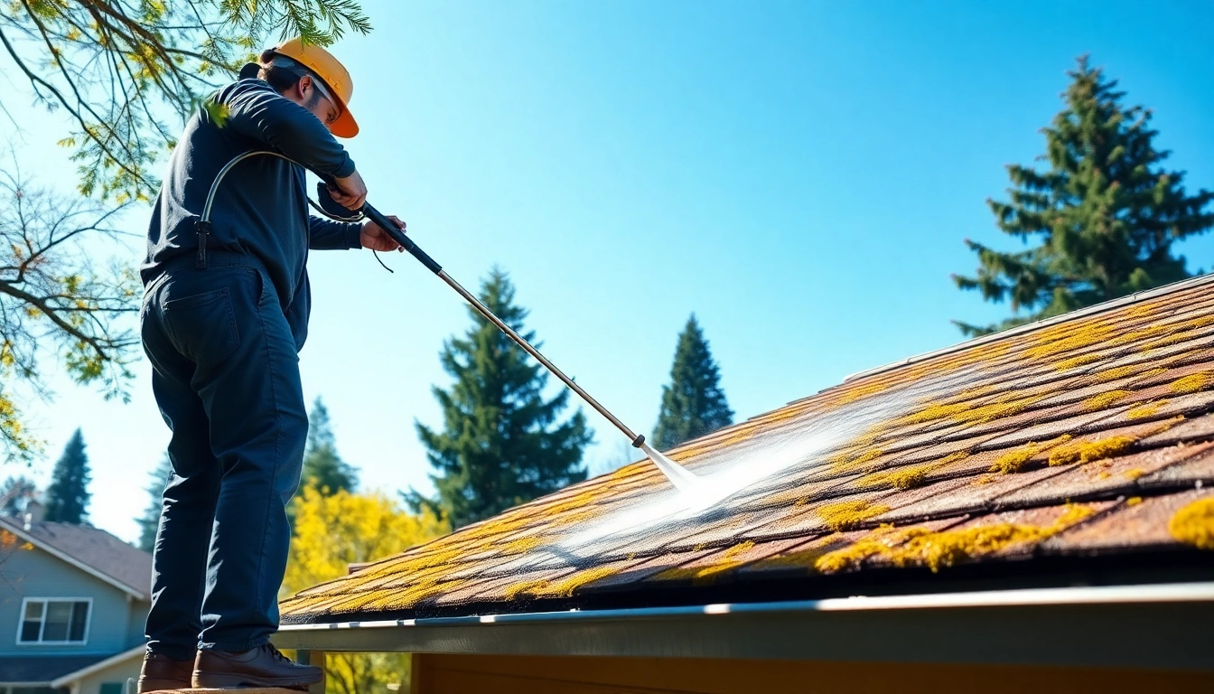 Roof washing Seattle WA technician cleaning a moss-covered roof with a pressure washer.