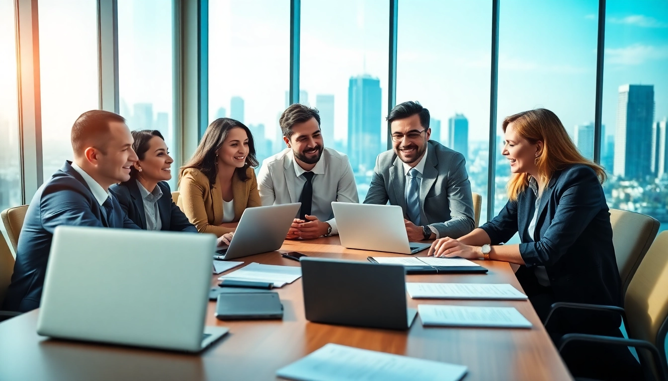 Engaged entrepreneurs discussing business for sale opportunities in a vibrant conference room.