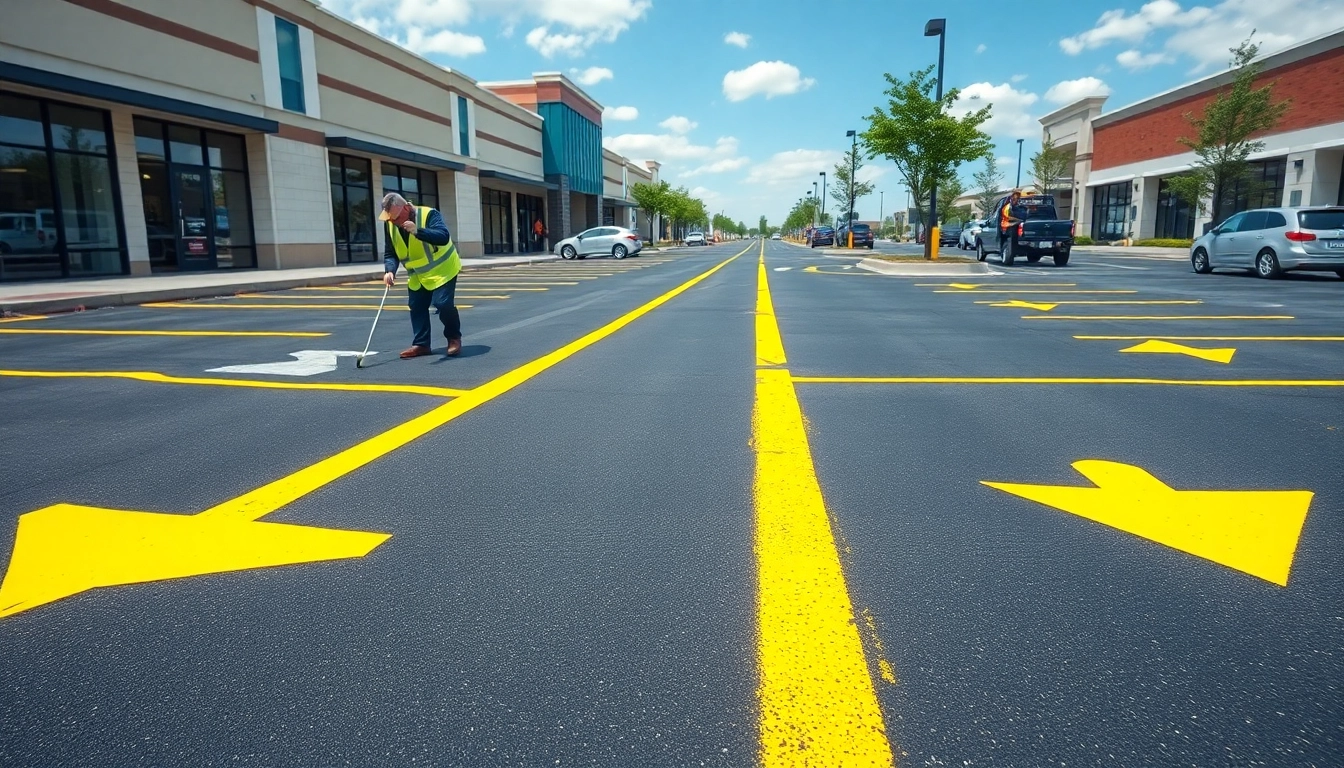 Parking lot striping Ridgeland MS with a professional team applying fresh paint in a bustling business area.