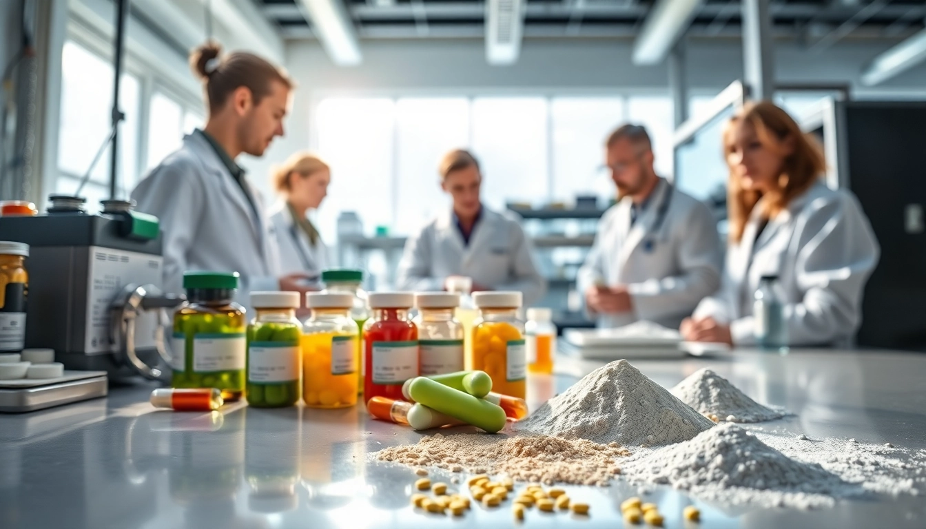 Showcase of a custom supplement manufacturer UK in a modern lab with scientists creating innovative formulas.