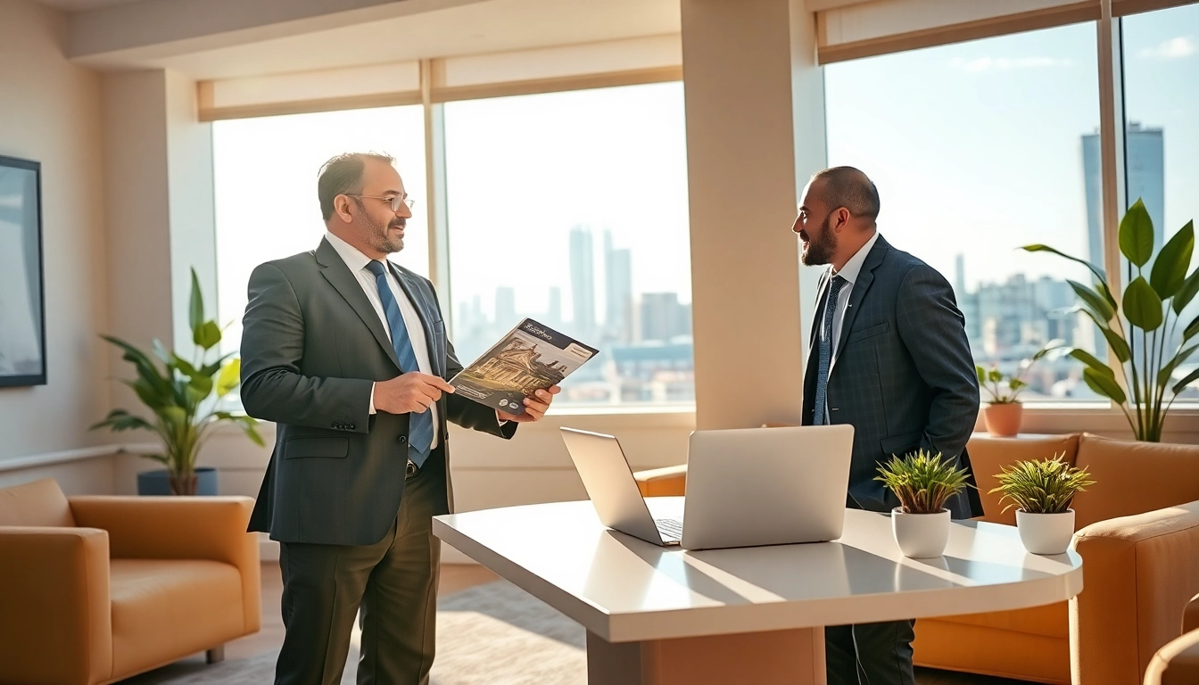Discussing guaranteed rent in Southall with a professional agent in a modern office.