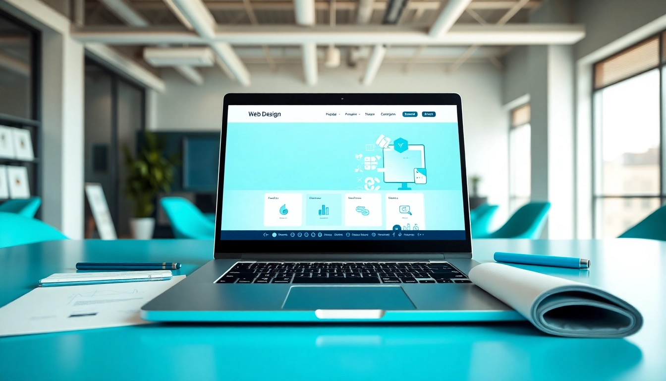 Showcasing Website Design Hereford through a creative workspace with a modern laptop and design materials.