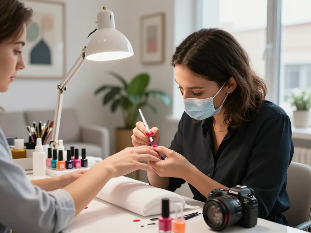 Nails being perfected with vibrant gel polish using hygienic, disposable tools in a luxurious nail salon environment.