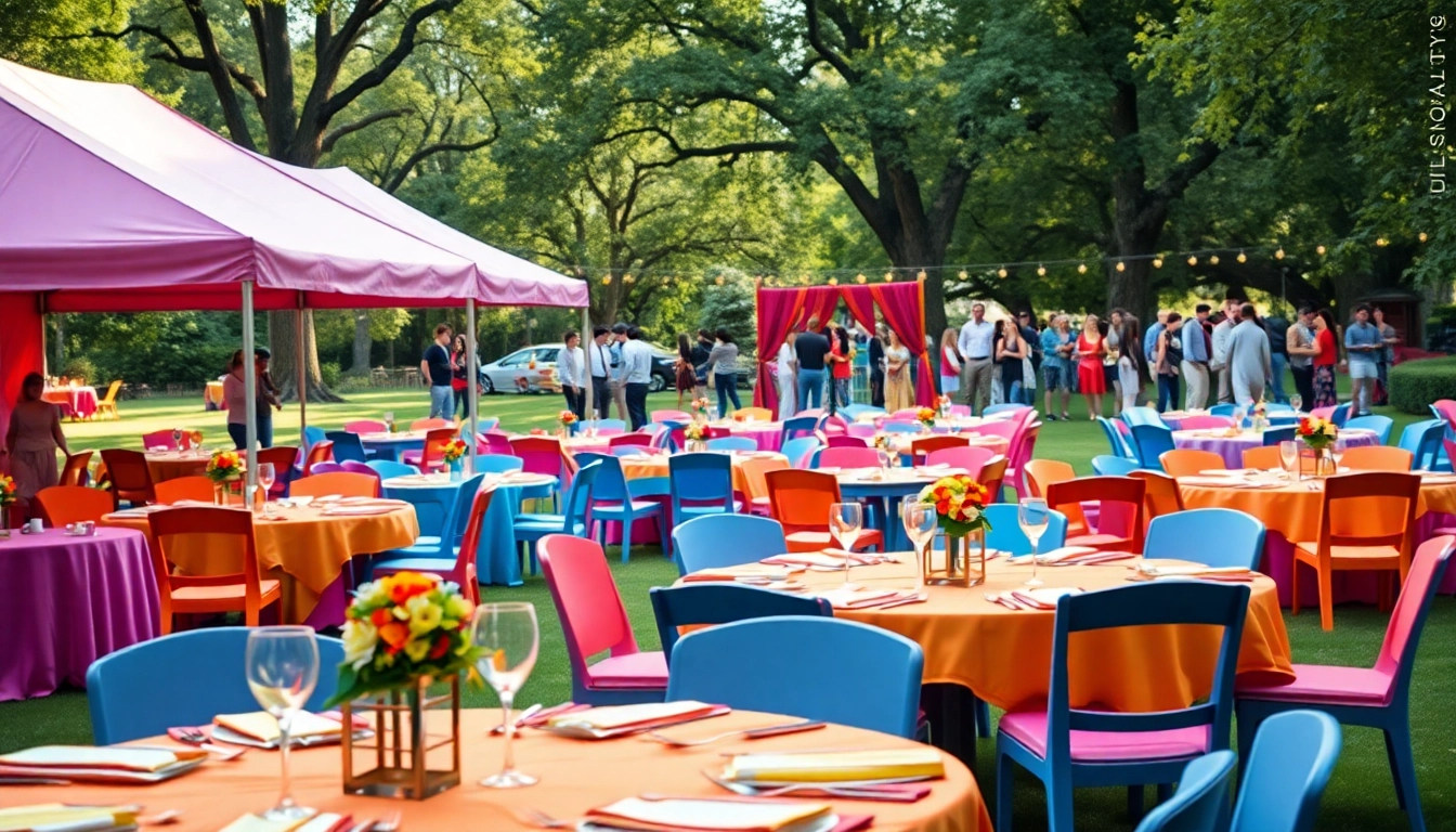 Experience vibrant Party Rentals with beautifully arranged outdoor tables and a joyful crowd.
