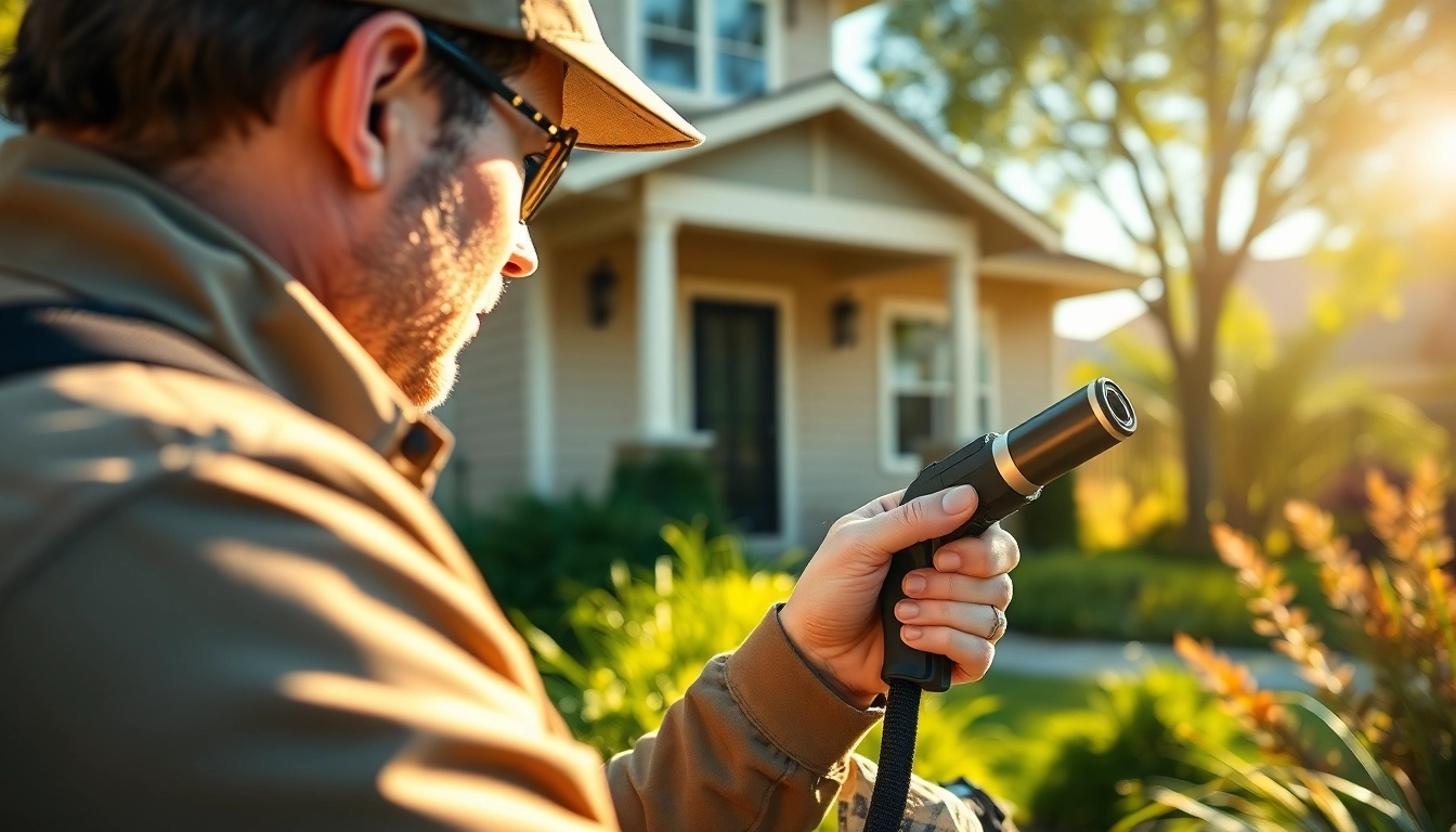 Inspecting for pests as a trusted home pest control company in a sunlit environment.