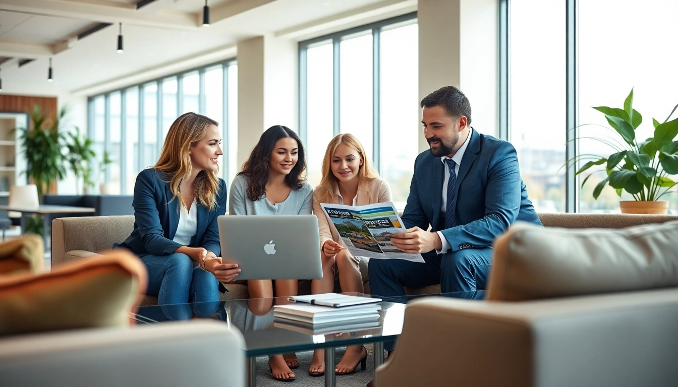 Engaging real estate agent helps clients in a modern office atmosphere.