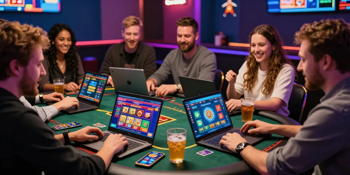 Exciting scene of players engaging with credit card casinos UK, showing diverse individuals enjoying online gaming on laptops and smartphones.
