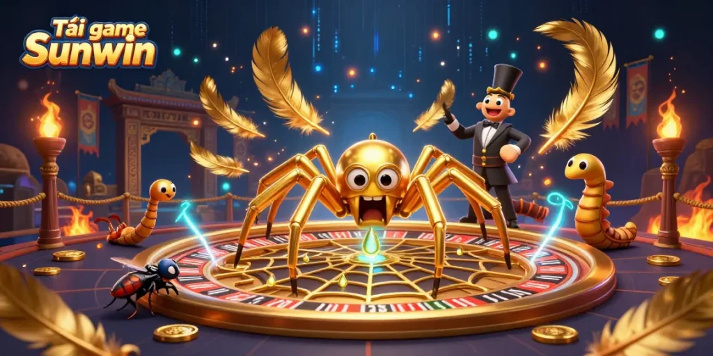 Engage with Tải game Sunwin as a golden spider spins a roulette wheel web in a dynamic casino scene.