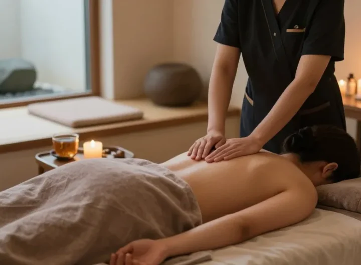 Relaxing 강남출장안마 in a serene massage room, capturing the peaceful ambiance and professional care.