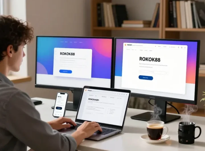 Engaged user logging into ROKOK88 on a modern laptop in a stylish workspace.