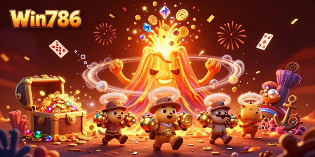 Win786 features a triumphant golden volcano with treasure, capturing a thrilling gambling experience.