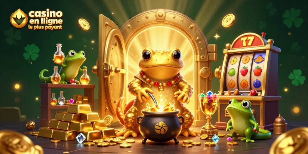 Illustration d'un alchimiste salamandre dans un casino en ligne le plus payant, transmutant des métaux en pièces d'or.