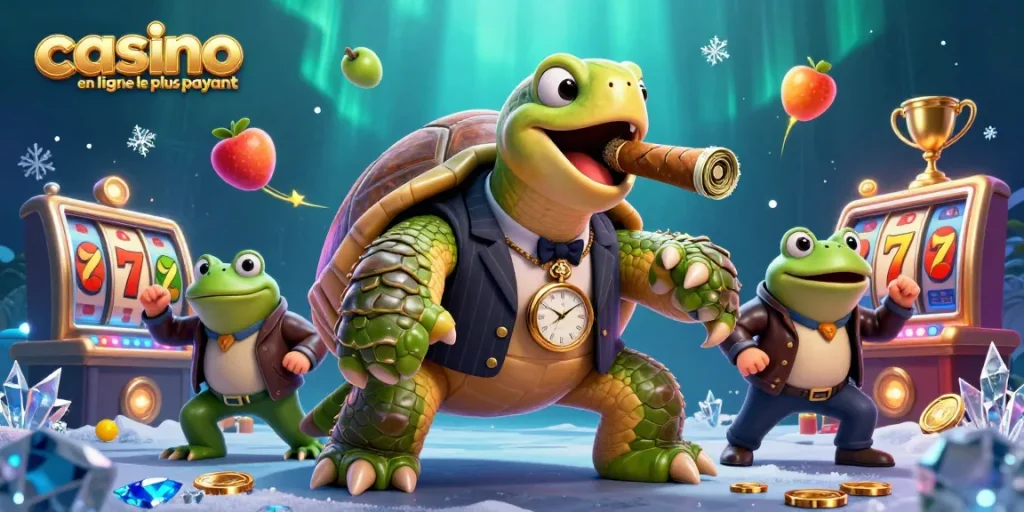 Une scène dynamique de casino avec une tortue en costume, créant une expérience immersive dans le casino en ligne le plus payant.