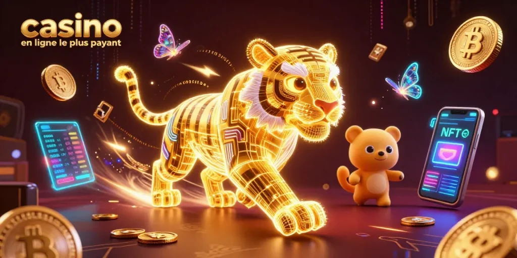 Illustration dynamique du casino en ligne le plus payant avec un tigre doré et des pièces de crypto-monnaie.