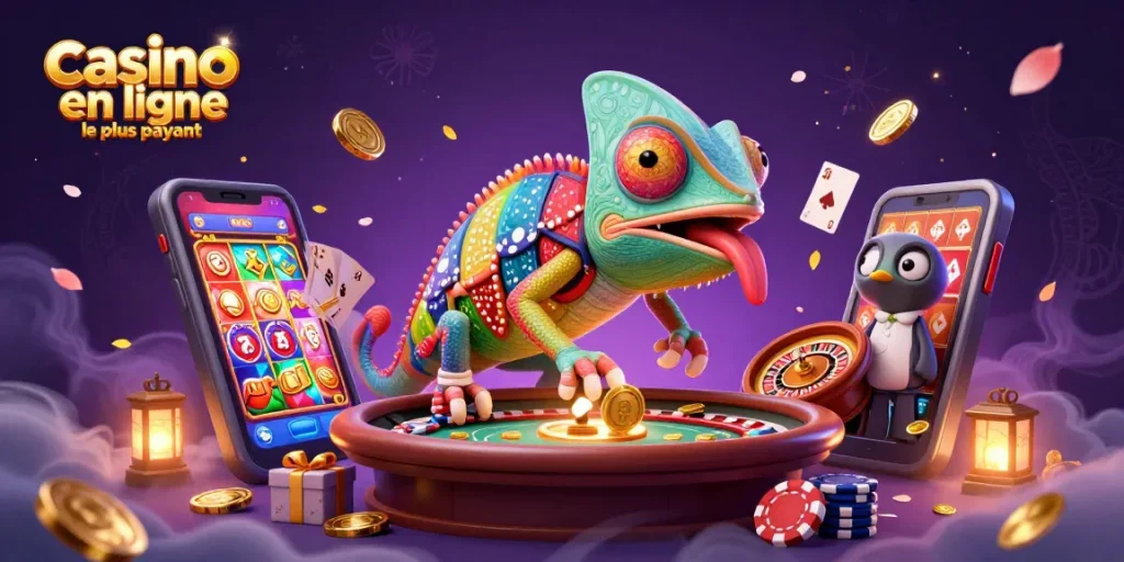 Illustration d'un chameleon propriétaire de casino, représentant le casino en ligne le plus payant avec des éléments de jeux variés.