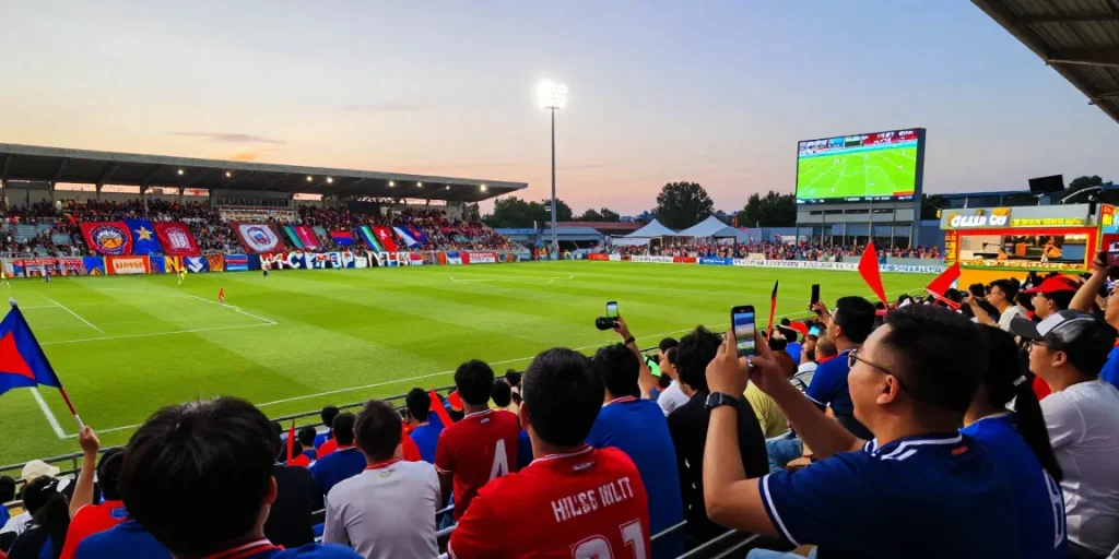 Pengalaman live streaming bola dengan penggemar antusias di stadion penuh semangat.