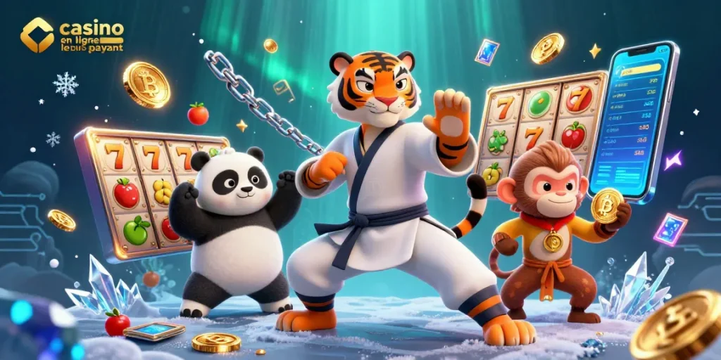 Illustration de casino en ligne le plus payant avec maître tigre kung-fu, panda et singe voleur.