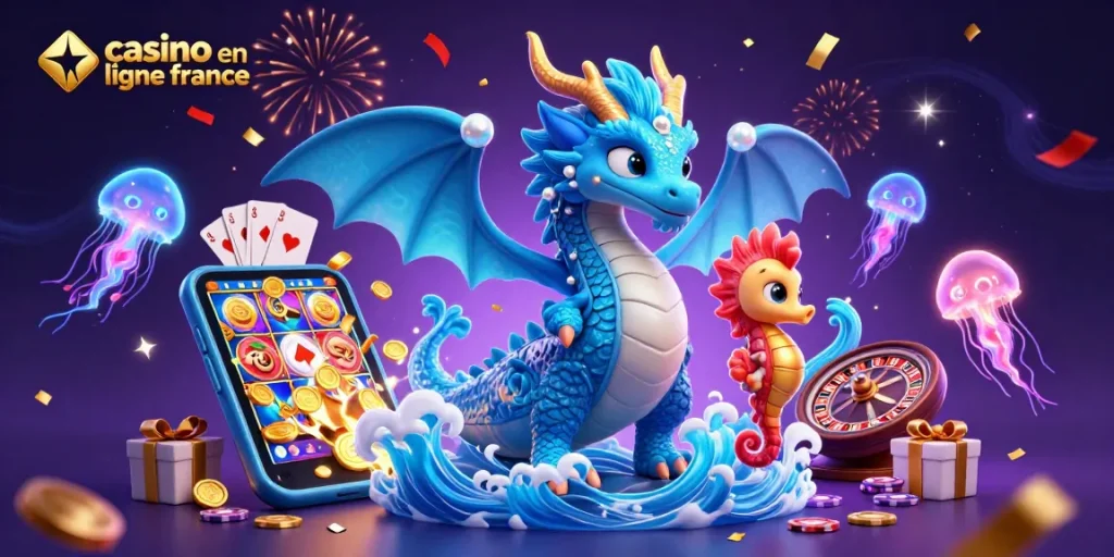 Gagnez au casino en ligne France avec un dragon azur et un chevalier hippocampe au milieu de jeux
