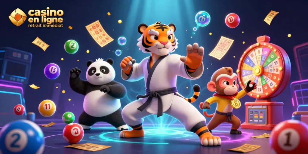 Illustration d'un casino en ligne retrait immédiat avec un tigre maître de kung fu et un panda disciple.